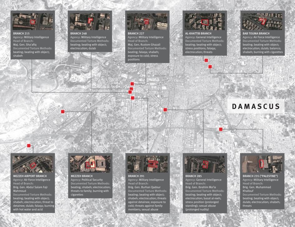 Emplacements de plusieurs centres de détention à Damas, en Syrie, identifiés par des témoins et grâce à l’analyse d'images satellite. Le recours à la torture serait fréquent dans ces centres, selon les témoignages d'anciens détenus.