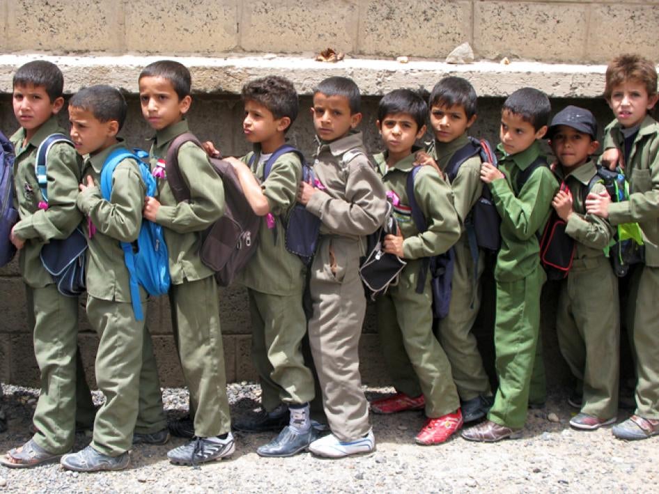 Students line up at the end of the day at a school in Sana’a, Yemen