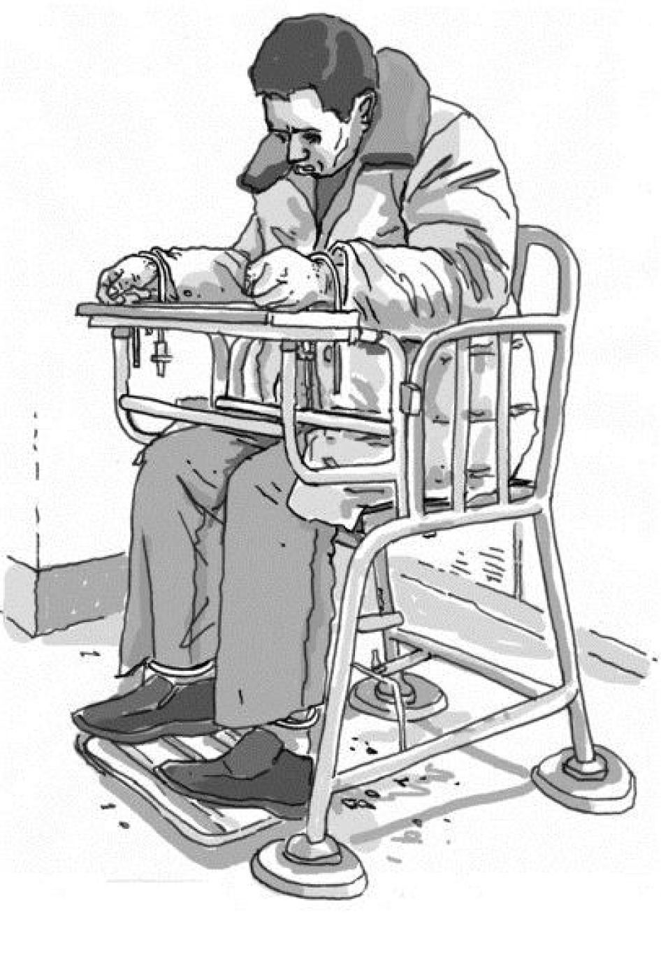 Illustration of a suspect restrained in what the police call an “interrogation chair,” but commonly known as a “tiger chair.” 