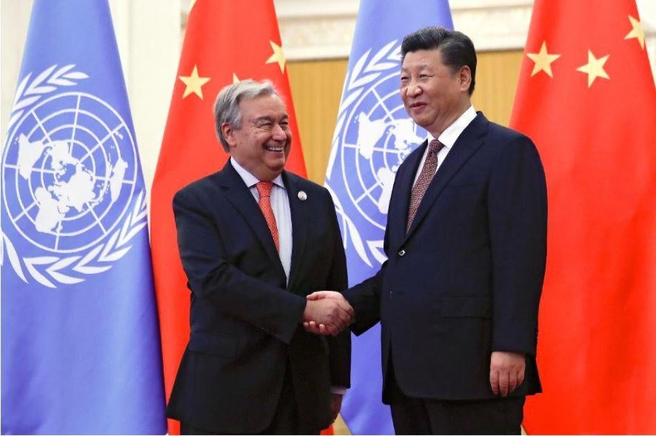 United Nations Secretary-General Antonio Guterres, left, shakes hands with Chinese President Xi Jinping before their bilateral meeting at the Great Hall of the People in Beijing, Sunday, Sept. 2, 2018. 