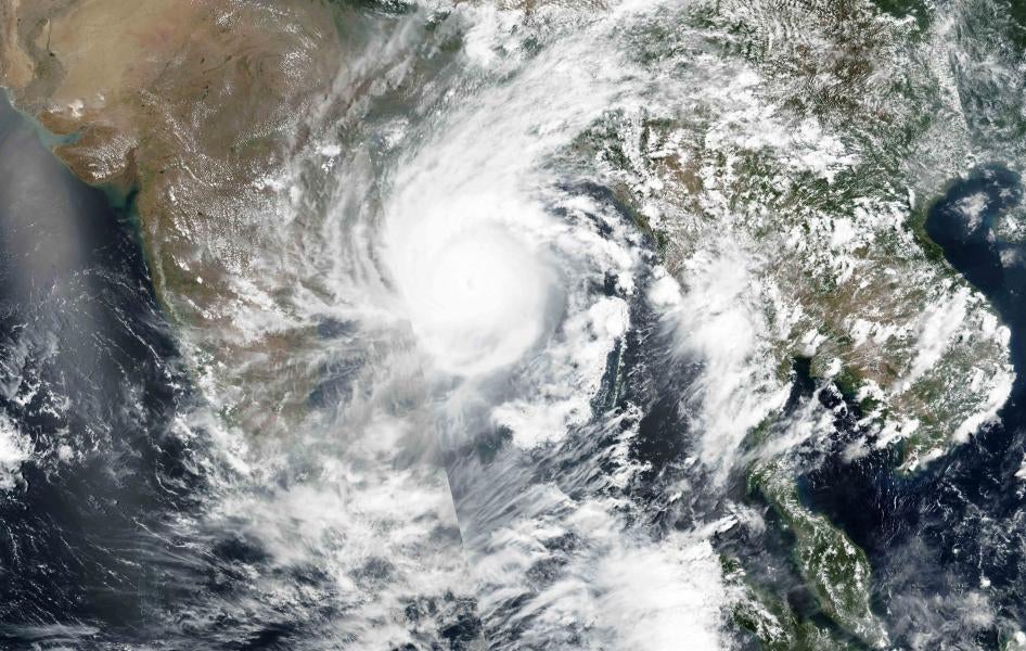 NASA satellite imagery shows Cyclone Amphan over the Bay of Bengal in India, May 19, 2020, which made landfall on Bhasan Char May 20, 2020.  © 2020 NASA Worldview, Earth Observing System Data and Information System (EOSDIS) via AP
