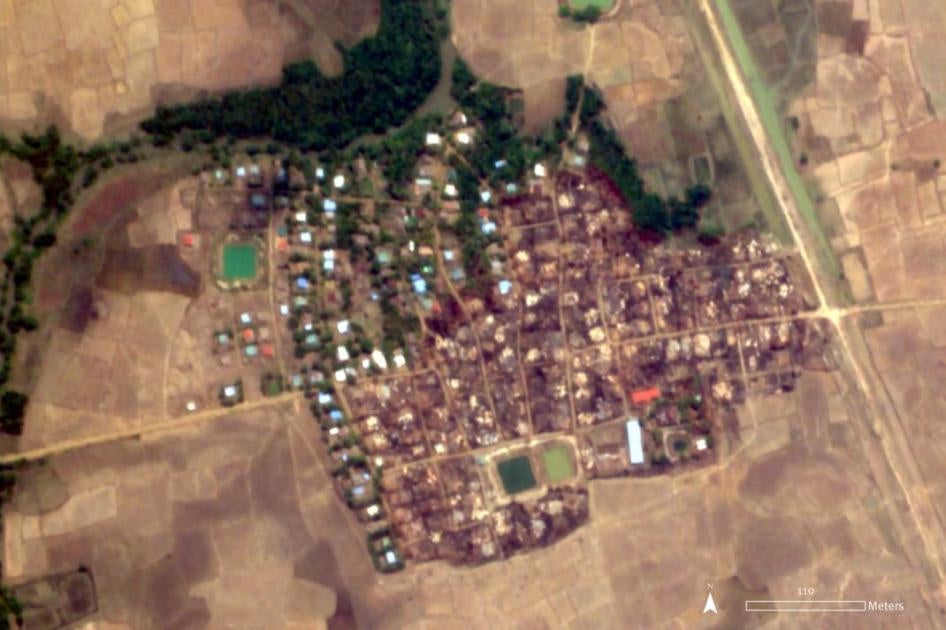 Image satellite enregistrée le 23 mai 2020, montrant environ 70 % des bâtiments du village de Let Kar, dans l’État de Rakhine au Myanmar, détruits par des incendies selon l’analyse effectuée par Human Rights Watch.