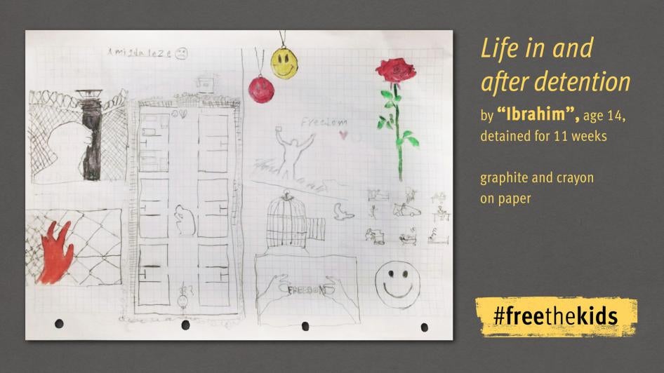 Drawing by Ibrahim, age 14, detained for 11 weeks. Drawing titled, "Life in and After Detention"