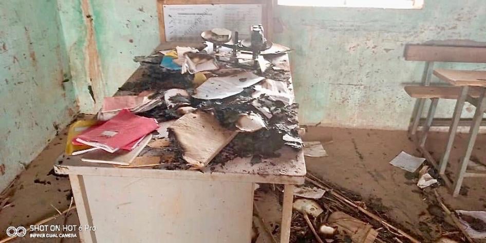 Burned documents on a teacher's desk