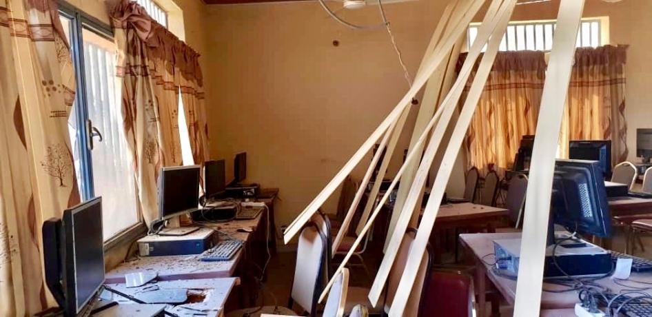 Damaged computers in a classroom