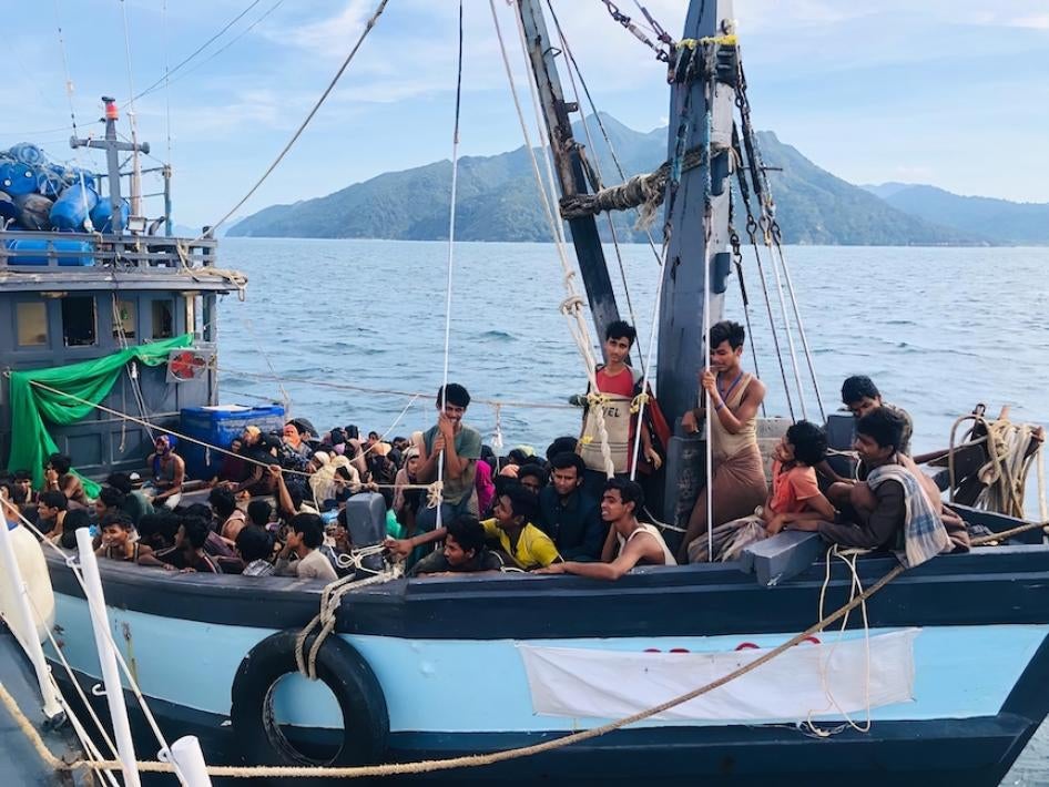 A boat carries Rohingya refugees off the coast of Langkawi, Malaysia, April 5, 2020.