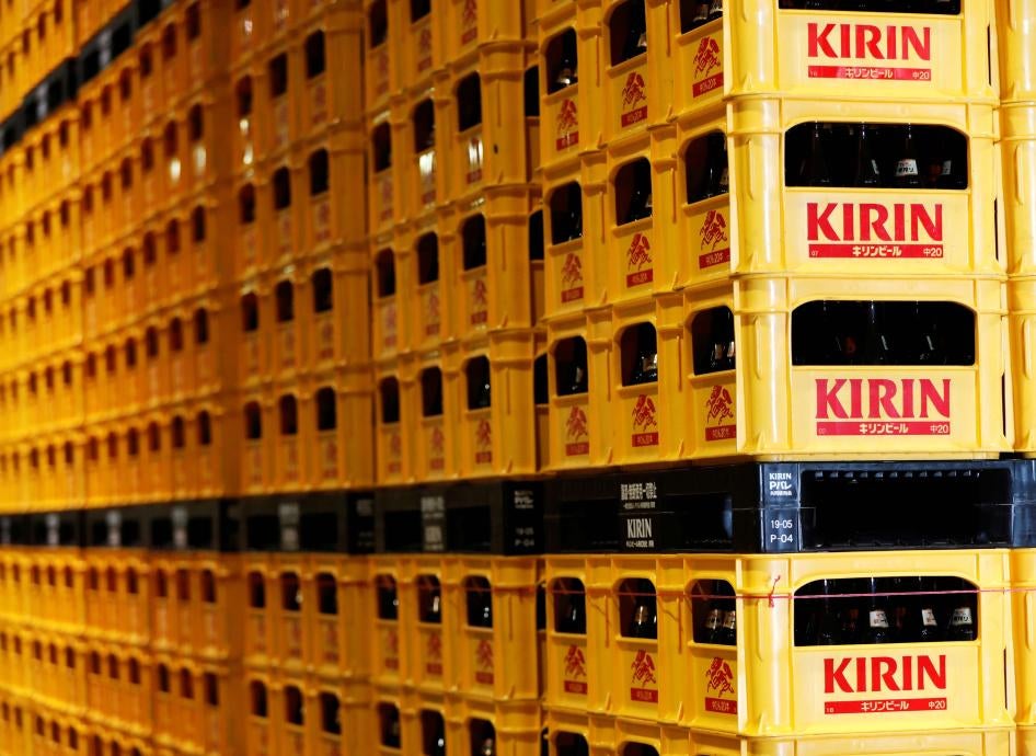 Plastic crates containing Kirin brand beer at the Kirin Brewery Co. factory in Yokohama, Japan, June 2019. 