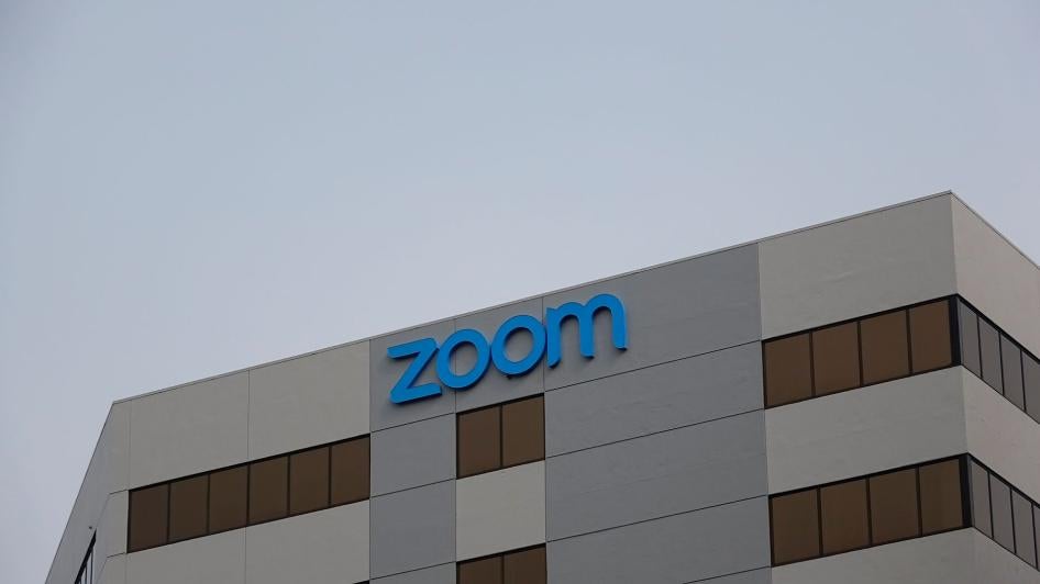 Signage at the headquarters of videoconferencing, remote work, and webinar technology company Zoom (ZM) in the Silicon Valley, San Jose, California, March 28, 2020.