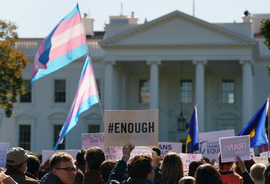 Transgender rights activists gather in front of the White House in Washington, DC, for a #WontBeErased rally, October 22, 2018.