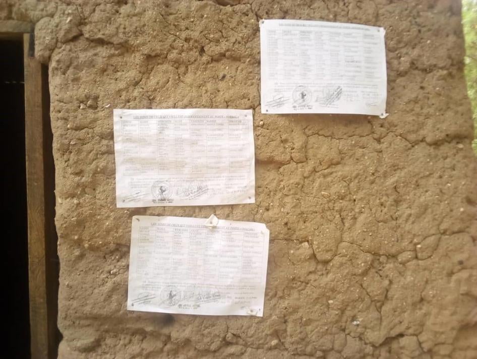 Lists of civilians forced by the military into night guard duty displayed on a wall at the Mozogo market, Far North region, Cameroon. At the bottom of the lists are instructions from local authorities: “Each shift supervisor and each soldier on duty are required to call and notify those who reported for duty and those who did not to punish the latter. The shift begins at 7:00 pm and ends at 4:00 am." April 2020, 