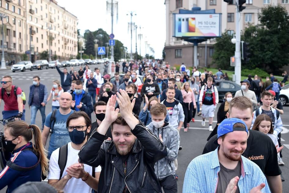 Opposition supporters rally in Minsk, Belarus, on July 14, 2020, after the country's central electoral commission refused to register two candidates for the country's presidential election on August 9.