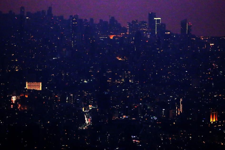 Lebanon's capital, Beirut, in the dark on July 27, 2020, due to widespread electricity blackouts caused by fuel shortages in the midst of a dire economic crisis. 