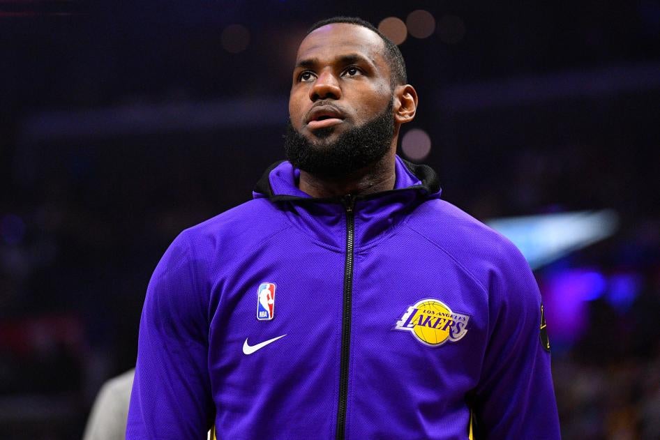 Los Angeles Lakers Forward LeBron James looks on before a NBA game in Los Angeles, California, March 8, 2020.