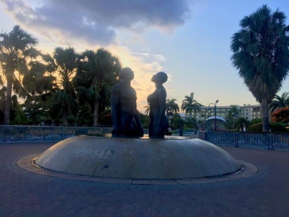 Statue commemorating the abolition of slavery in the British West Indies, in Emancipation Park, Kingston, Jamaica. Private 2020.