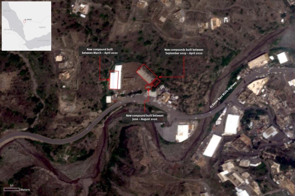 Satellite imagery recorded on August 9, 2020, shows new buildings in the possible detention center of al-Dayer, Jizan Province, Saudi Arabia. Some of the buildings were completed in April 2020. Satellite imagery © 2020 Planet Labs