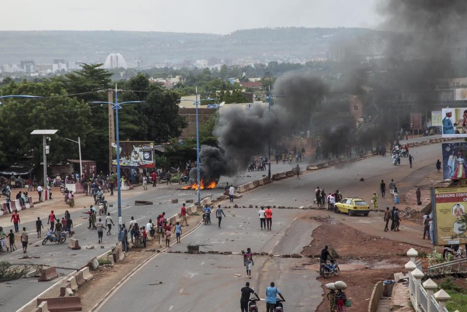 Protesters with the Mouvement du 5 Juin - Rassemblement des Forces Patriotiques (M5-RFP), barricade roads in Mali’s capital, Bamako, on Friday, July 10, 2020. 