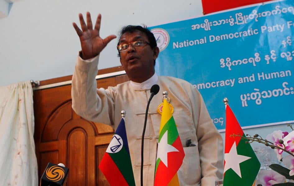 Kyaw Min, head of the Democracy and Human Rights Party, speaks during a press conference in Yangon, Myanmar, January 10, 2014.