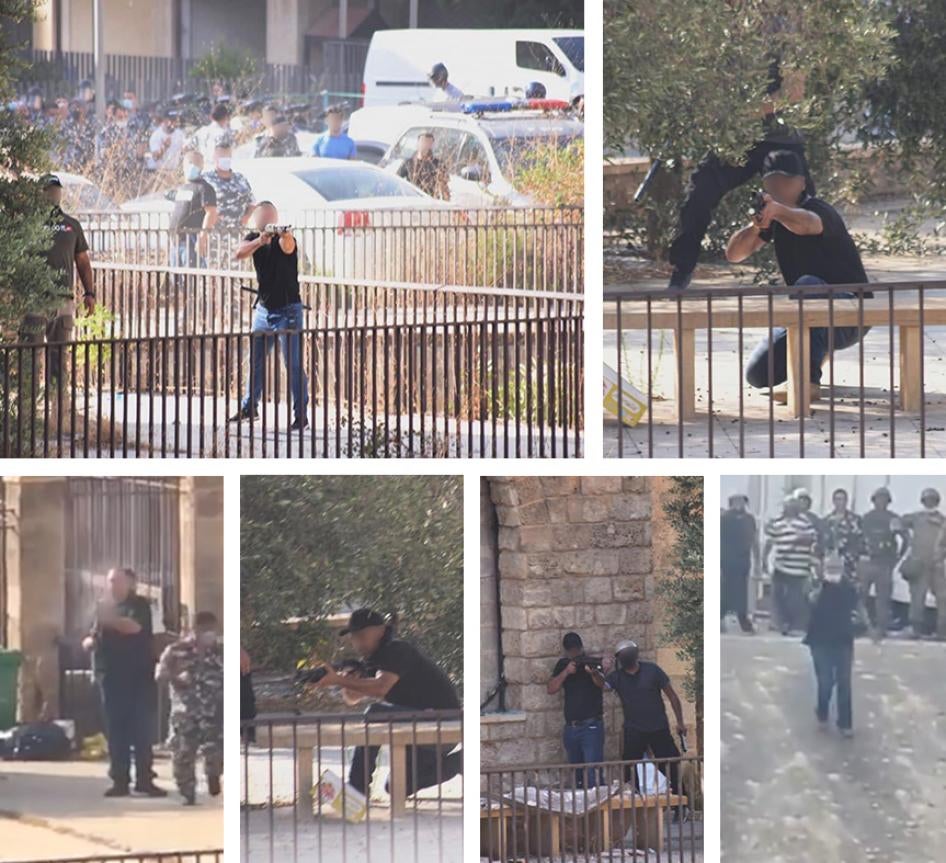 Montage of photographs and stills from two videos shared on social media platforms of men wearing black t-shirts and blue jeans with pump-action shotguns, semi-automatic rifles and handguns either firing or aiming in the direction of protestors.