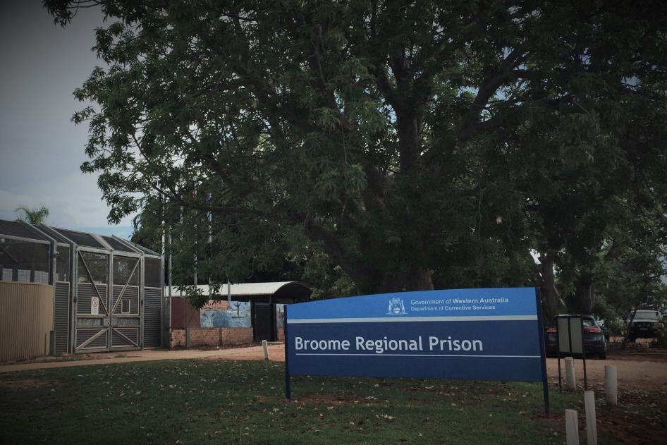 The exterior of a prison, with a sign that reads "Broome Regional Prison"