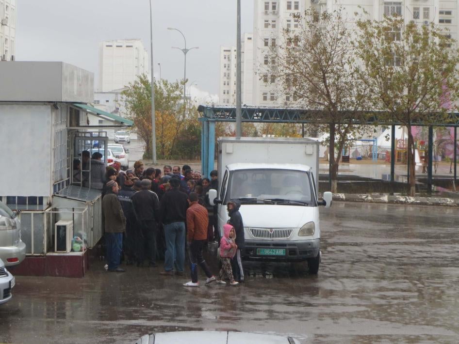 A food truck arrives at a state shop in Ashgabat.
