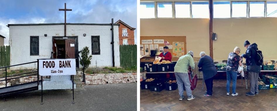 Two photos, side-by-side.  On the left, a sign reads "Food Bank" in front of a small building.  On the right, people receive food packages inside a food bank.