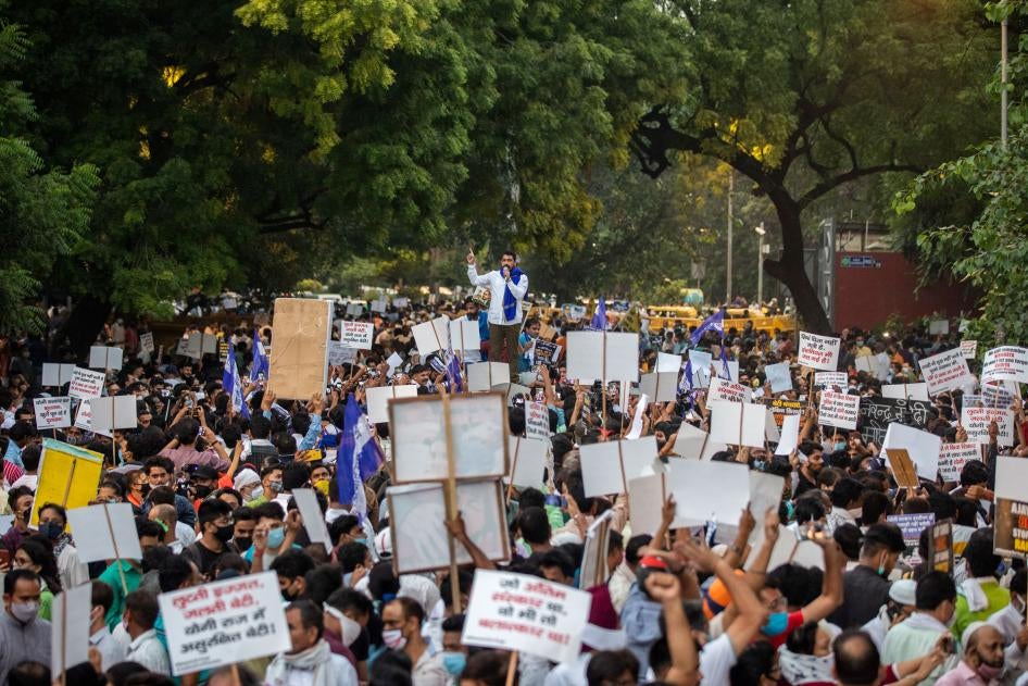 Chandrashekhar Azad, leader of the Bhim Army, a party advocating for the rights of Dalits, speaks during a protest against the gang rape and killing of a Dalit woman in Uttar Pradesh state, in New Delhi, India, October 2, 2020. 