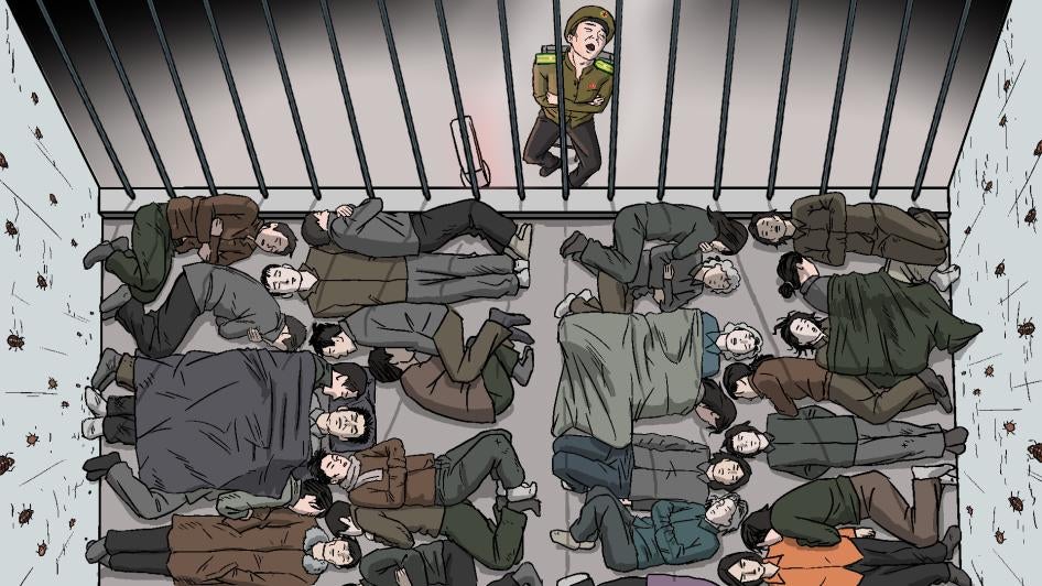 구류장에 수감된 구금자들이 비좁은 공간에서 잠을 자고 있다.  © 2020 Choi Seong Guk for Human Rights Watch