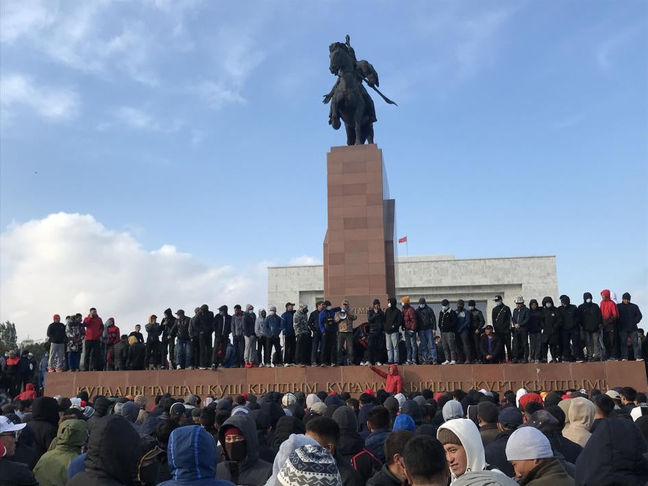 Protesters gathered on Ala Too Square in Bishkek, Kyrgyzstan's capital on October 6, 2020, two days after a disputed parliamentary election.