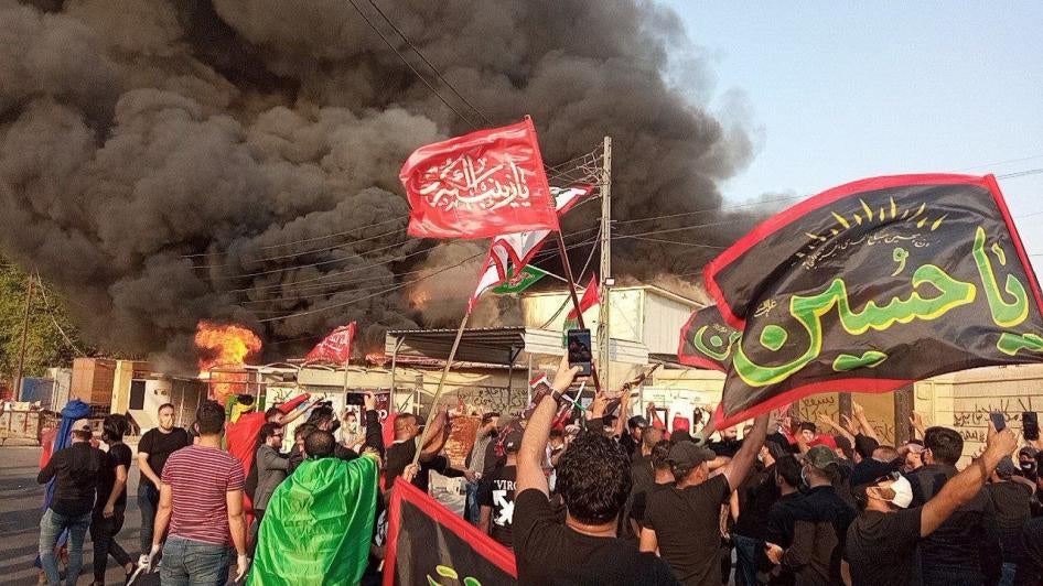 The office of Dijlah TV station in Baghdad was badly damaged after it was torched by protesters on August 31, 2020.
