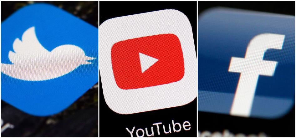 Combination of images shows logos for companies from left, Twitter, YouTube and Facebook.