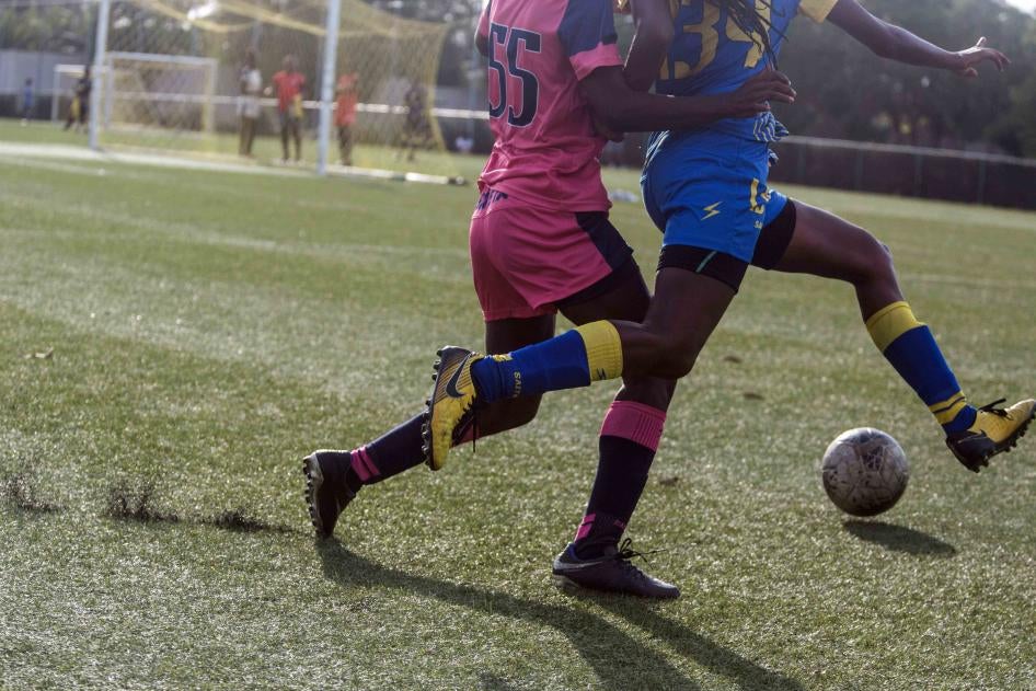 Residents of the Centre Technique National in Croix-des-Bouquets play in a match on May 12, 2020. Earlier this year, survivors and family members accused Haitian Football Federation president, Yves Jean-Bart, of raping young female players at the center and subjecting them to other abuses. 