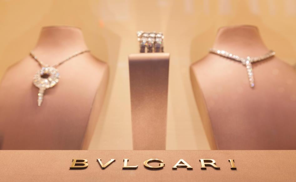 Two necklaces displayed in a Bulgari store