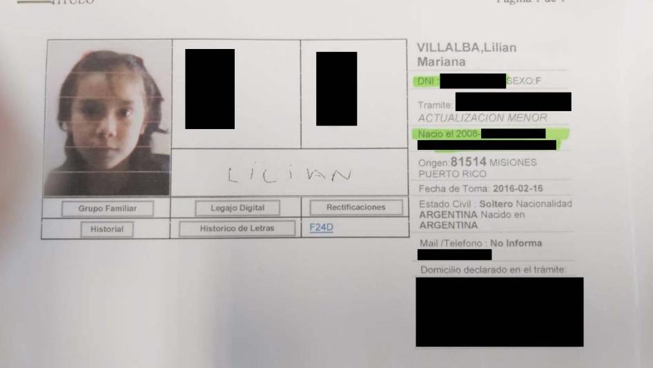 Identity certification of Lilian Villalba issued by Argentina’s National Registry (Registro Nacional de las Personas), a government agency. The document shows she was born on October 29, 2008. She was 11 years old when she was killed on September 2, 2020.