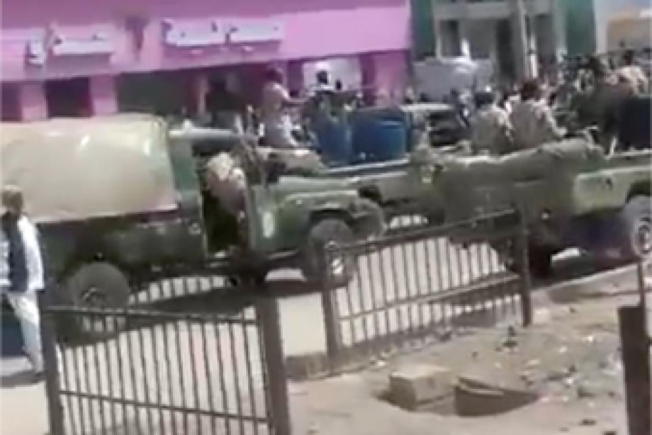 Still image from a video obtained by Human Rights Watch shows three military vehicles, identified by witnesses as belonging to the RSF near Kassala Teaching Hospital, on October 15,2020.