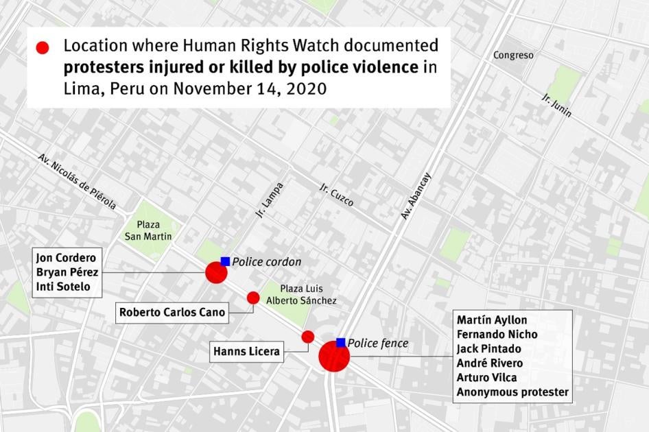 Human Rights Watch documented the cases of nine protesters who were injured and two protesters who were killed in a two-block area in downtown Lima in the evening of November 14, 2020. All eleven cases involved injuries caused by either pellets believed to be lead or teargas cartridges.