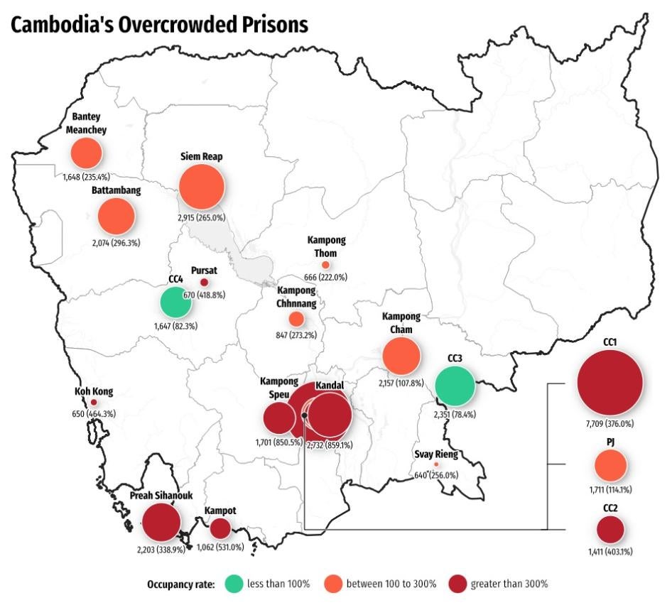 Map showing data on prison overcrowding in 18 out of 28 of Cambodia's prisons.