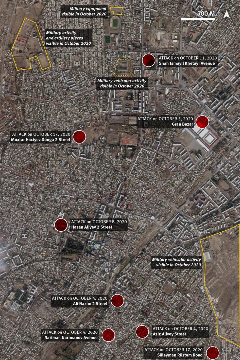 Анализ спутниковых снимков ударов, задокументированных Human Rights Watch, и вероятных военных объектов, видимых в октябре 2020 г. в Гяндже. Спутниковый снимок.