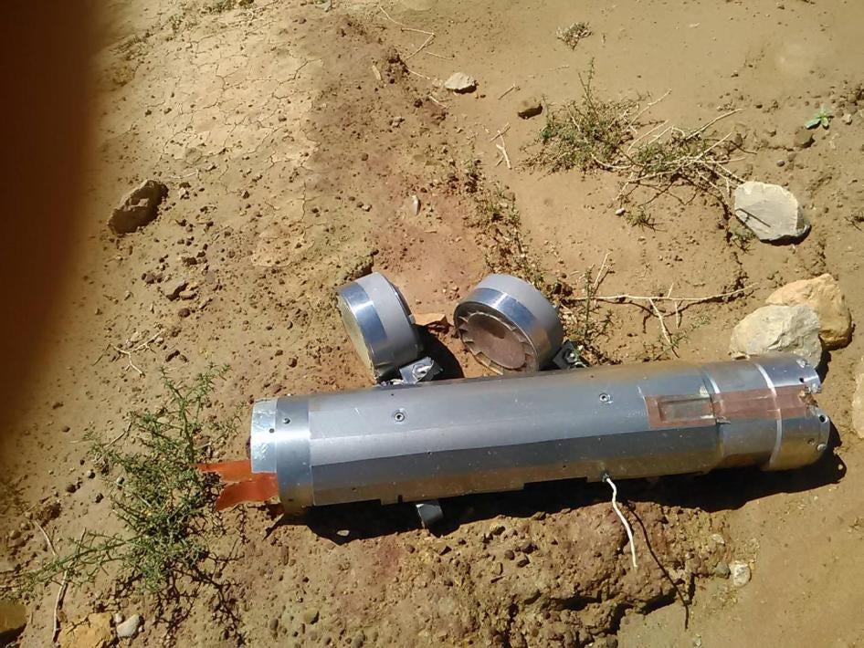 A failed BLU-108 canister, with two submunitions still attached, that was delivered by a CBU-105 Sensor Fuzed Weapon during an attack on the quarry of the Amran Cement Factory, Yemen, on February 15, 2016.