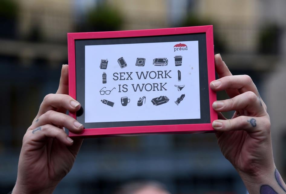 People demonstrate in support of sex workers, April 14, 2018. 