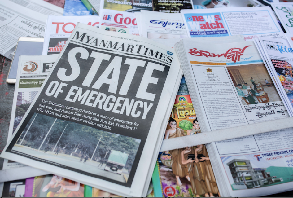 Myanmar Times newspaper with the headline 'State of Emergency' among other newspapers for sale are seen on display a day after the Myanmar's military detained the country's de facto leader Aung San Suu Kyi and the country's president in a coup. 