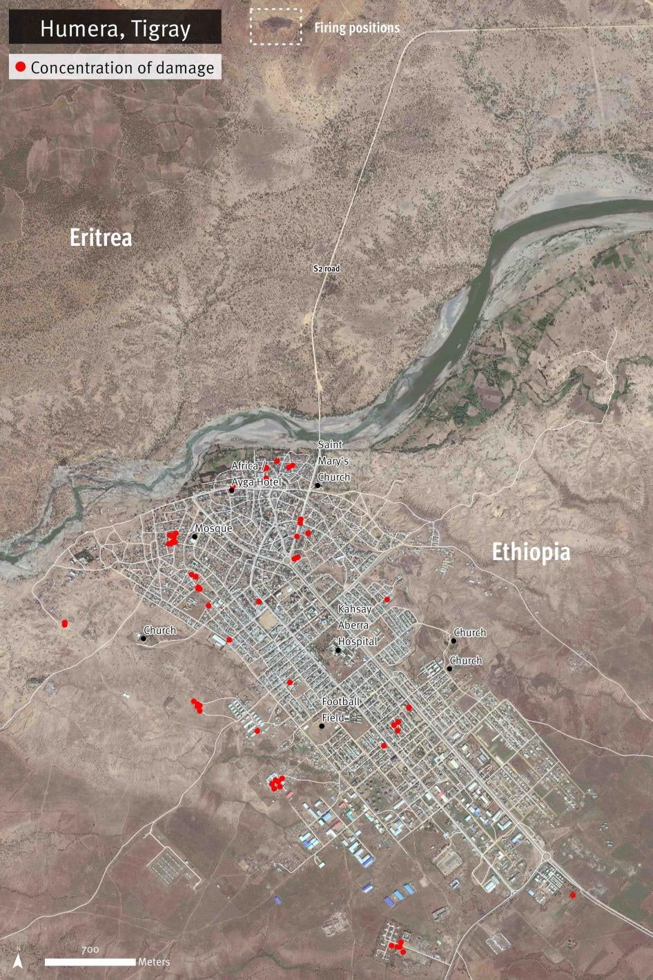 Satellite image recorded on November 10, 2020 shows buildings and streets damaged in Humera town, Tigray region, Ethiopia. The main concentrations of damage are evident on the area south of the primary S2 road. Additional damage is observed on streets northeast of Africa/Ayga Hotel, and a concentration of damaged buildings near Saint Mary’s Church. Warehouses located on the outskirts of the town and other type of structures show severely damaged roofs. The damages reported are most likely an underestimate. 