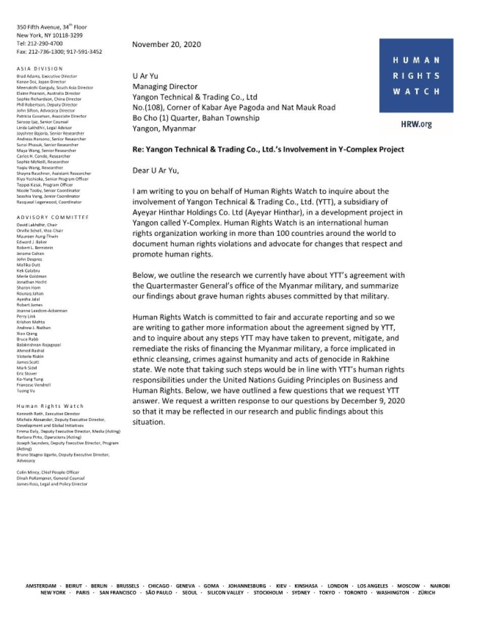Letter to Yangon Technical & Trading Co., Ltd. by Human Rights Watch