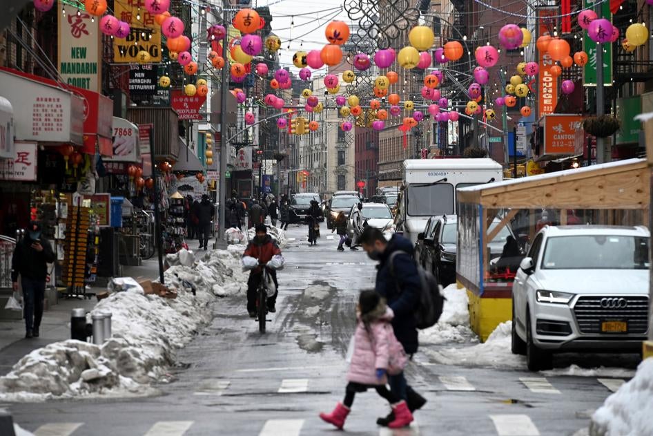Decorative lanterns hang above Mott street in Manhattan's Chinatown district before the start of the Chinese Lunar New Year, New York, NY, February 9, 2021. 
