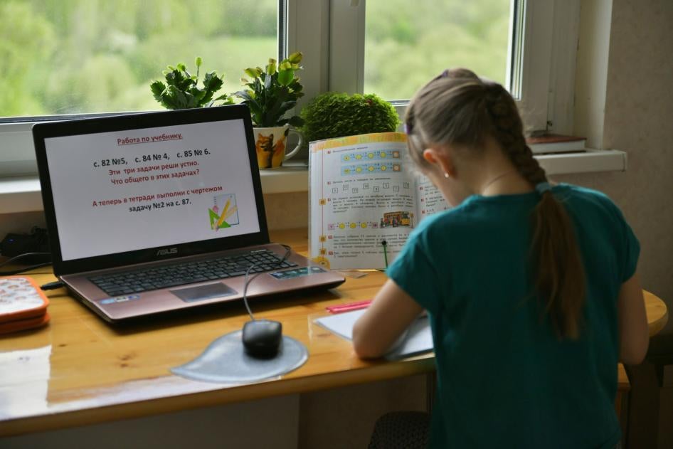 A girl studies from home because of the coronavirus outbreak in Moscow, Russia,