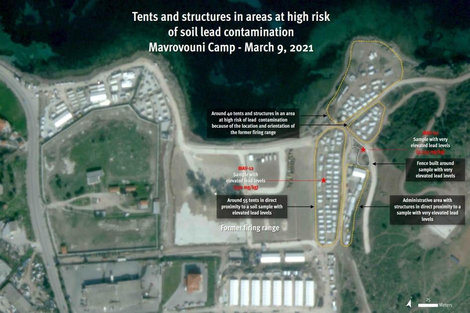 Satellite imagery recorded on March 9, 2021, shows at least 90 tents, five other structures and an administrative area in direct proximity to the areas where elevated lead levels were detected 