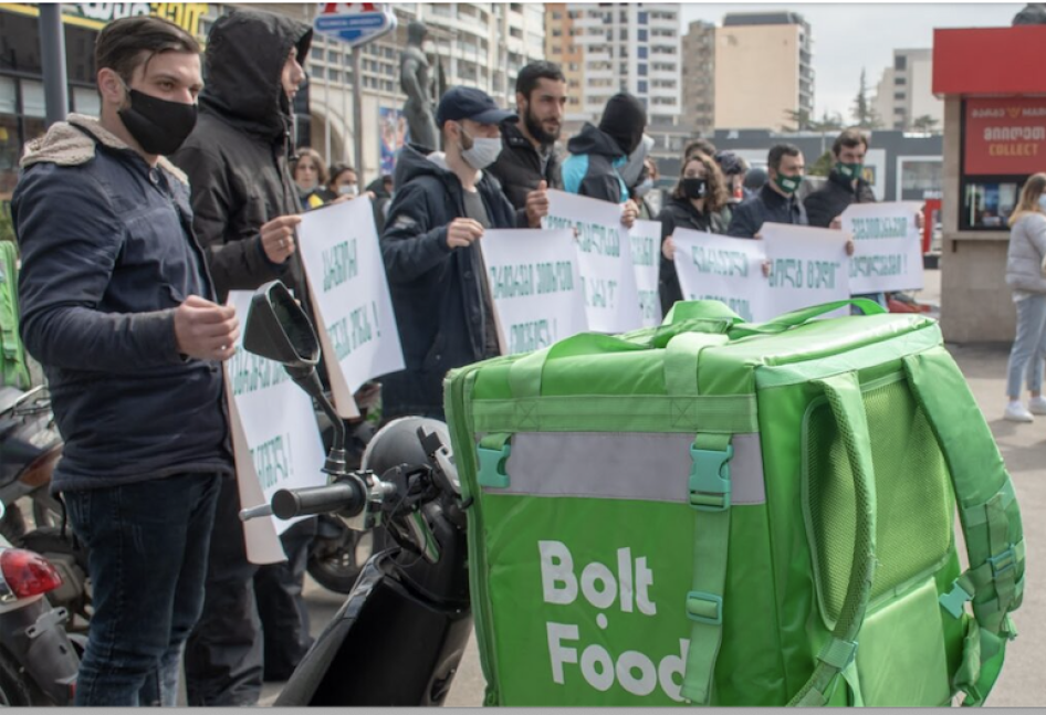 Bolt Food couriers protest in Tbilisi, Georgia, on March 24, 2021
