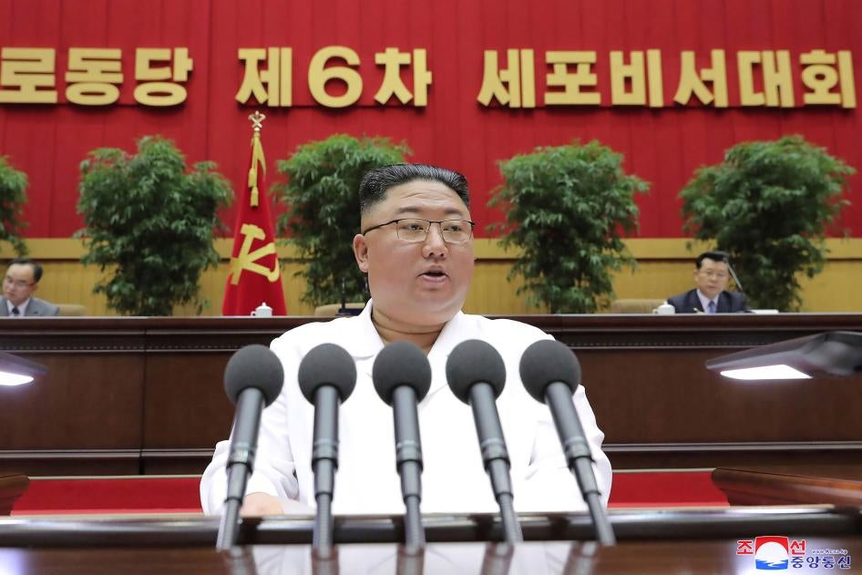 North Korean leader Kim Jong Un delivers a closing speech at the Sixth Conference of Cell Secretaries of the Workers' Party of Korea in Pyongyang, North Korea, April 8, 2021. 