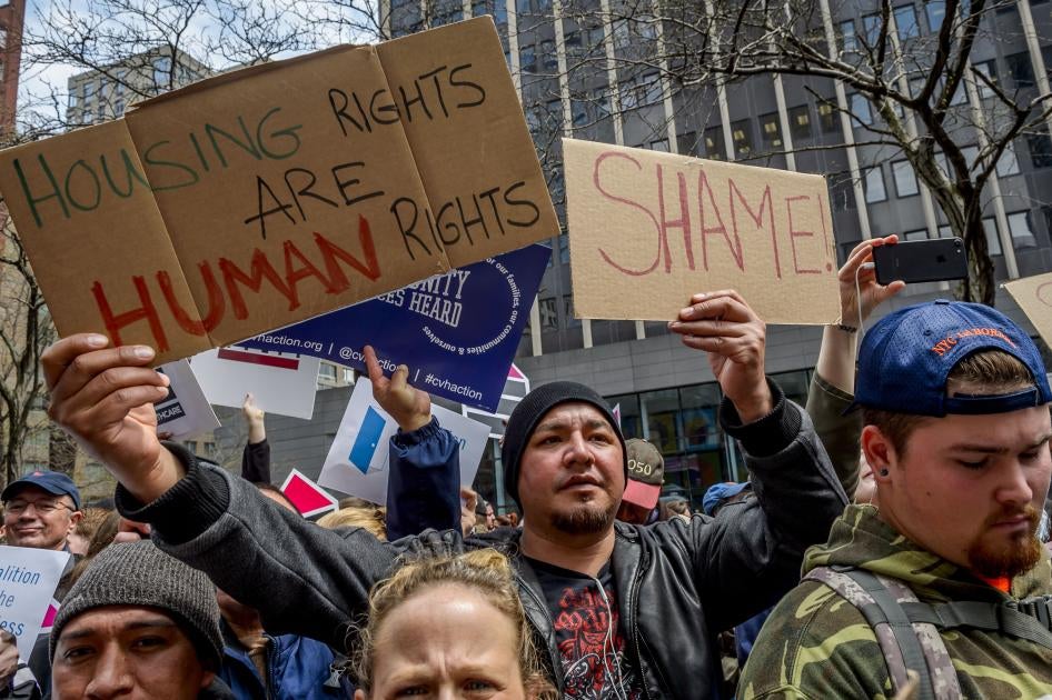 A group of protestors during a major demonstration at 26 Federal Plaza in New York City, in response to then-President Donald Trump’s proposal to cut $6.2 billion in federal housing funds, April 20, 2017. 