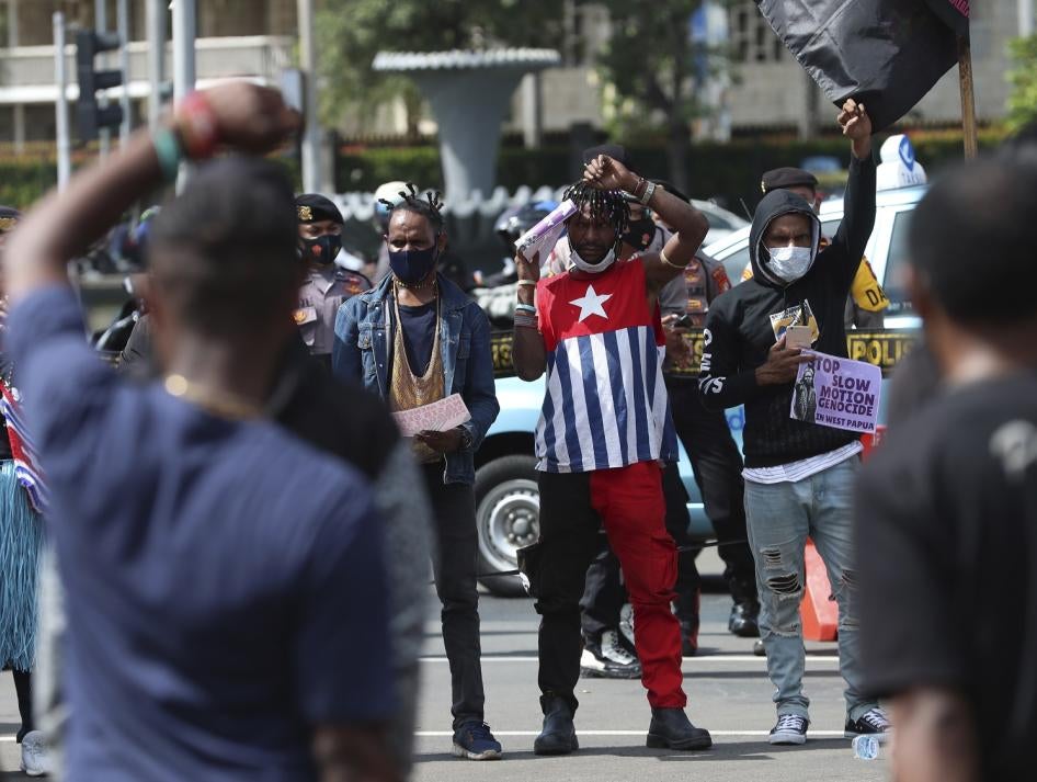Supporters of West Papua shout slogans during a rally in Jakarta, Indonesia on December 1, 2020. 