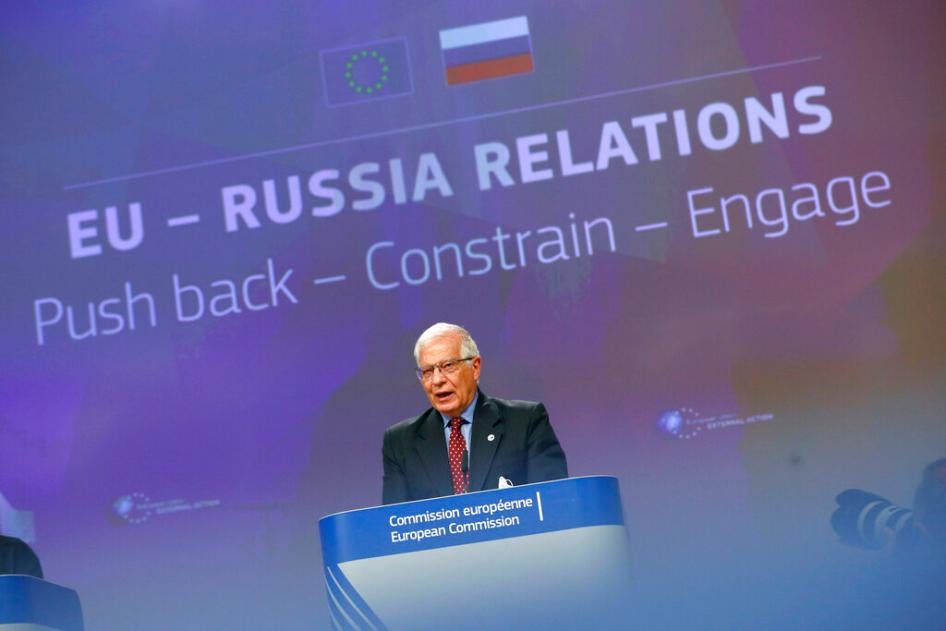 EU foreign policy chief Josep Borrell at a news conference unveiling a report on proposals for the EU stance on Russia. Brussels, Wednesday, June 16, 2021.